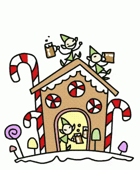 a gingerbread house decorated with candy canes and elves