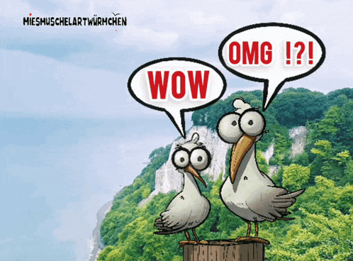 a cartoon of two seagulls talking with speech bubbles that say wow and omg