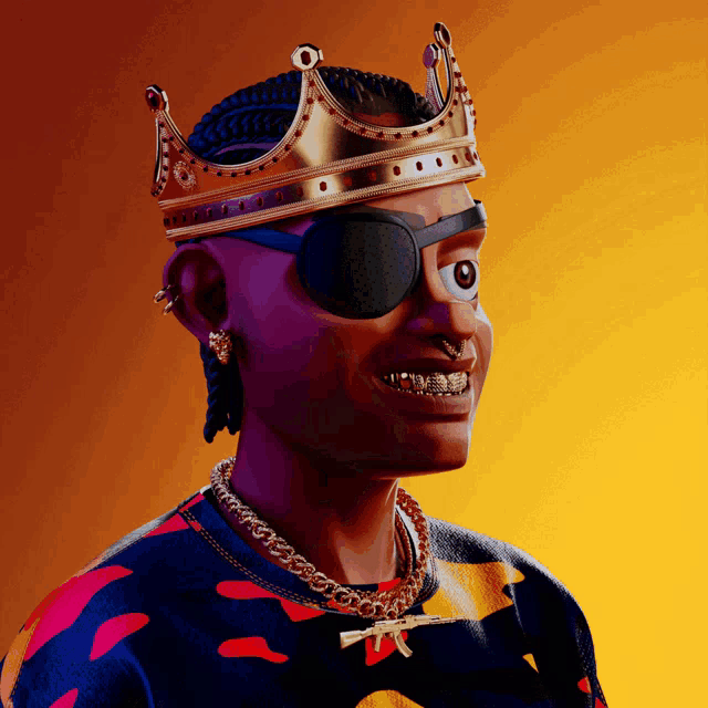 a cartoon character with a crown on his head and a gold chain around his neck