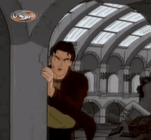 a cartoon of a man peeking out from behind a wall with a ussr logo in the background