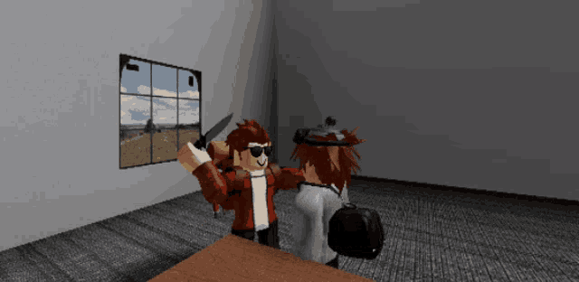 two roblox characters are hugging in a room with a window