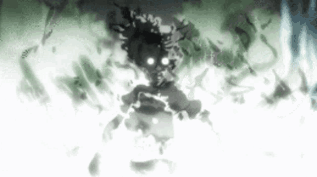 a black and white drawing of a monster with glowing eyes coming out of a dark room .