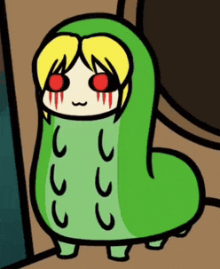 a cartoon of a girl with red eyes and a green hoodie