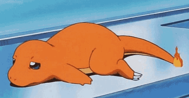 a cartoon of a lizard with a fire tail laying on the ground