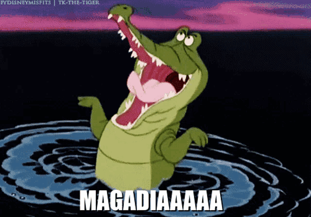 a cartoon of a crocodile with its mouth wide open and the words magadiaaaa written below it