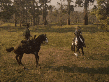 two men riding horses in a grassy field