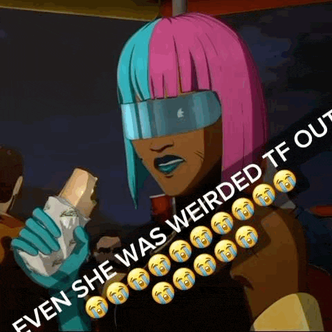 a cartoon woman with pink and blue hair is holding a sandwich with a caption that says even she was weirded tf out