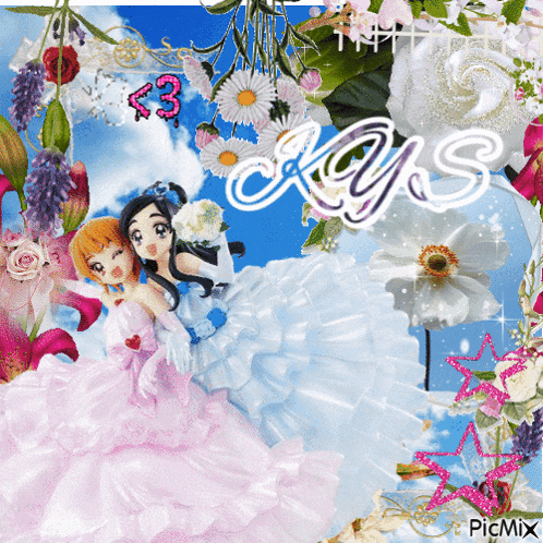 a picture of two dolls surrounded by flowers and the name kays