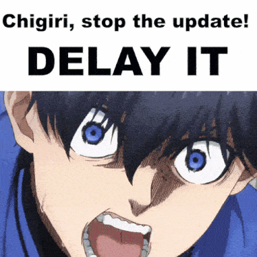 a poster that says chigiri stop the update delay it with a picture of a boy with blue eyes