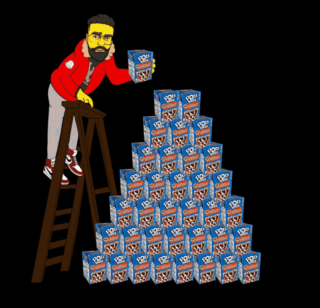 a cartoon of a man standing on a ladder next to a pyramid of pop corn