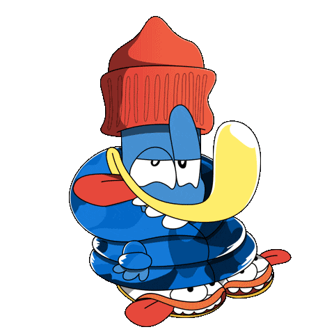 a blue cartoon character wearing a red hat and a yellow tongue