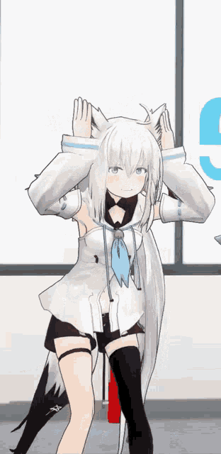 a girl with white hair and black shorts stands in front of a window with the letter e on it