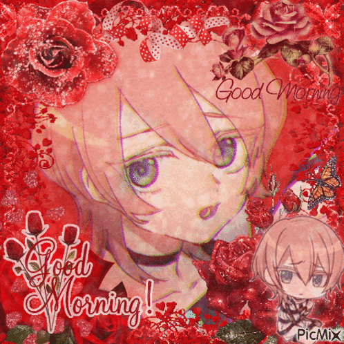 a picture of a girl surrounded by red roses and the words good morning