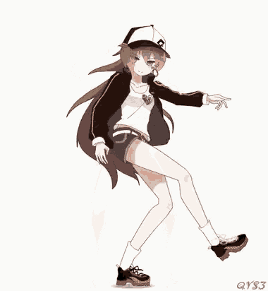 a girl wearing a hat and shorts is dancing and pointing .