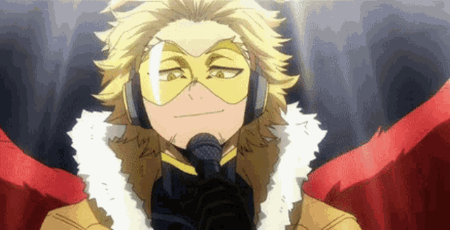 hawks from my hero academia is wearing headphones and a mask while holding a microphone .