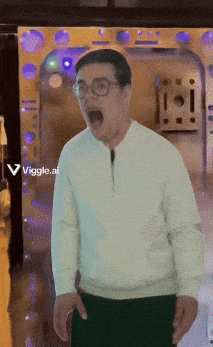 a man wearing glasses and a white sweater is standing in front of a door with a viggle.ai sticker on it