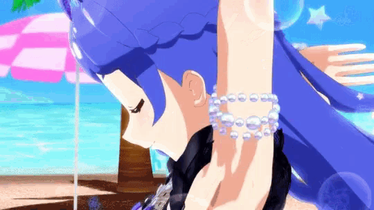 a girl with blue hair and a pearl bracelet on her arm