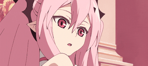 a girl with pink hair and red eyes is looking at something
