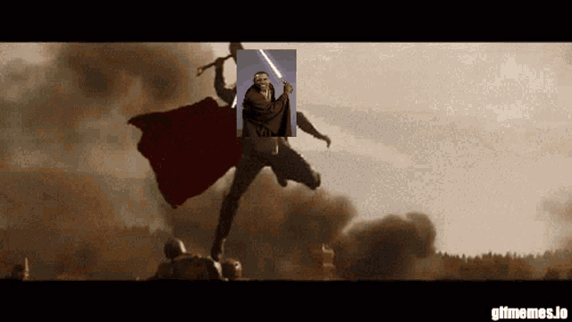 a picture of a man with a red cape holding a light saber with gifmemes.io written on the bottom
