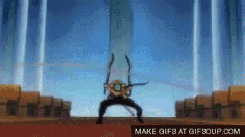 a cartoon character is standing in front of a building holding a sword in his hands .