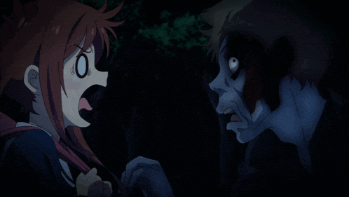a cartoon of a girl screaming at a zombie