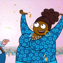 a cartoon drawing of a woman in a blue shirt with flowers on it