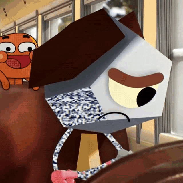 a cartoon character with an angry face is sitting on a couch next to another cartoon character