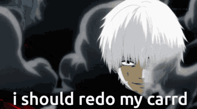 a picture of a man with white hair and the words i should redo my carrd
