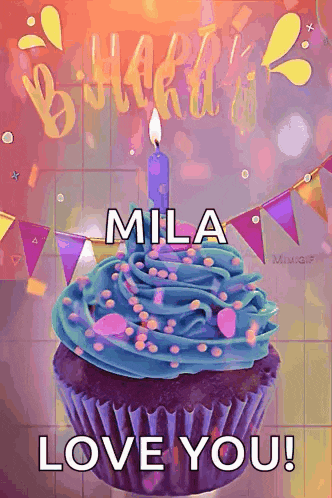 a birthday cupcake with a blue frosting and a candle on it