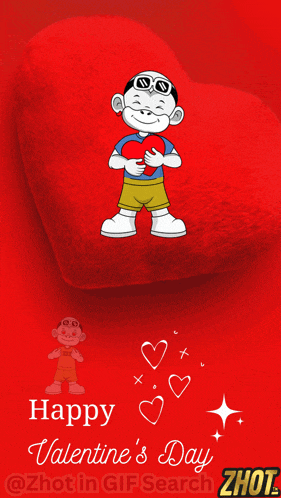 a valentine 's day greeting with a cartoon character holding a heart