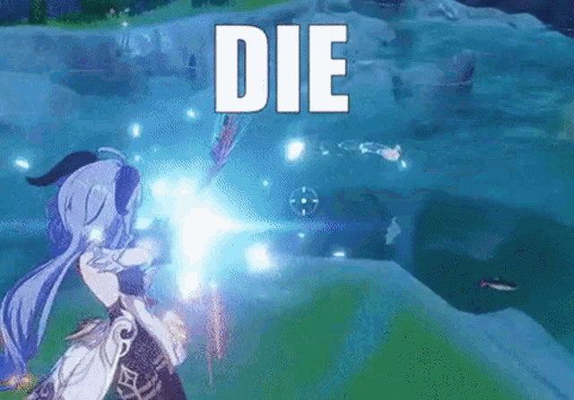 a girl is holding a sword in a video game and says `` die '' while standing next to a body of water .