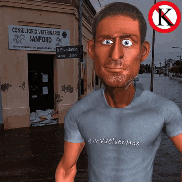 a man wearing a shirt that says #novuelvenmas stands in front of a consultorio veterinario sanford sign