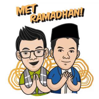 two men are standing next to each other with their hands folded and the words met ramadhan written above them .