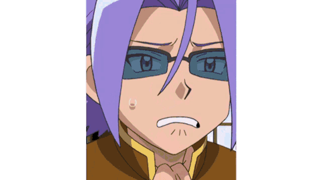a close up of a person 's face with purple hair and glasses