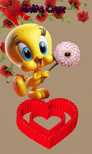 a tweety bird is holding a flower in front of a red heart with anita cruz written above it