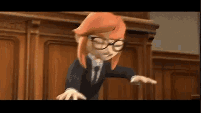 a cartoon girl in a suit and tie is standing in a courtroom .