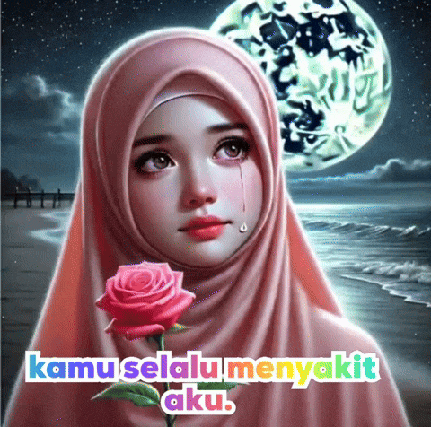 a painting of a woman in a hijab holding a rose with the words kamu selalu menyakit aku below her