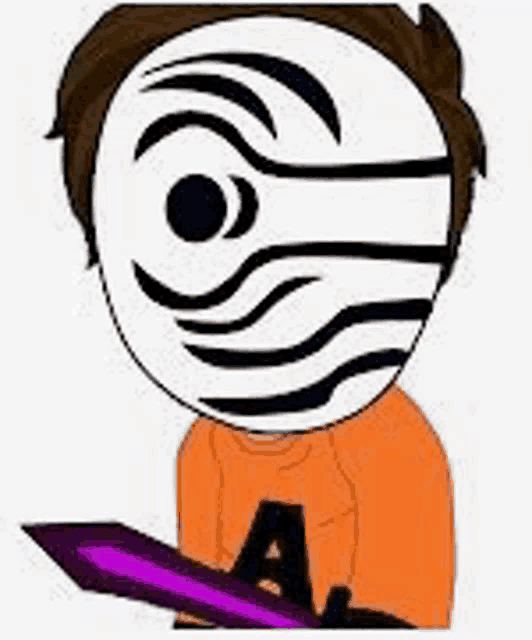 a cartoon character wearing a mask is holding a purple sword .