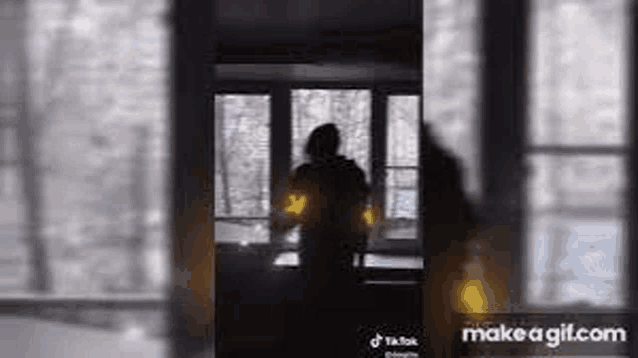 a silhouette of a person standing in front of a window in a room .