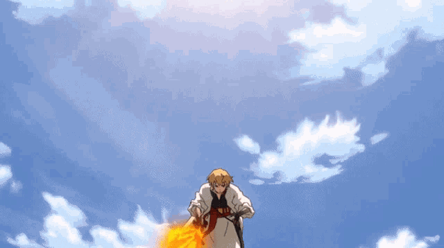 a cartoon character is flying through the air with flames behind him