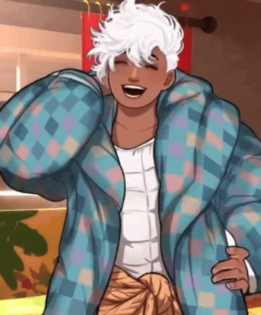 a man with white hair is wearing a blue and pink plaid jacket and laughing .
