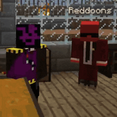 two minecraft characters are standing next to each other in a room . one of the characters is purple and the other is red .