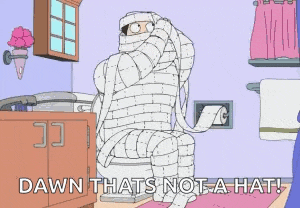a cartoon of a man wrapped in toilet paper with the words dawn thats not a hat