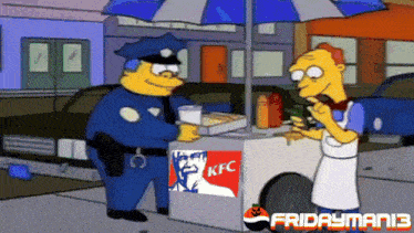 a cartoon of a police officer selling kfc chicken