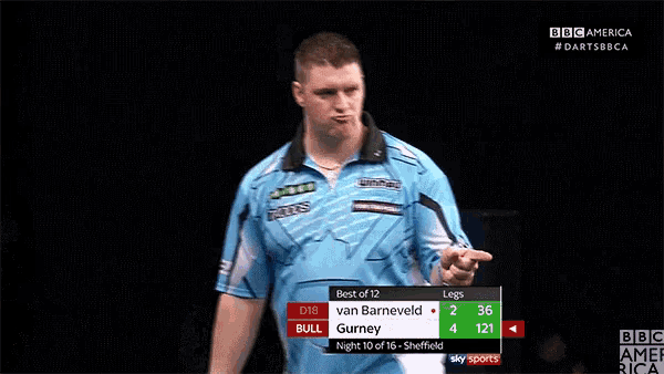 a man in a blue shirt is pointing at a scoreboard that says best of 12