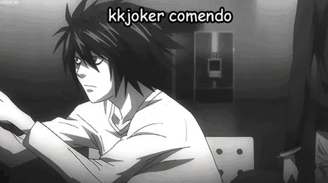 a black and white drawing of a man with the words " kkjoker comendo " below him