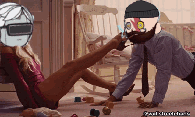 a cartoon of a man putting his foot on a woman 's leg with the caption wallstreetchas