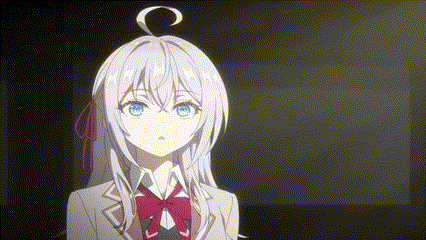a girl with white hair and blue eyes is wearing a school uniform and a bow tie .