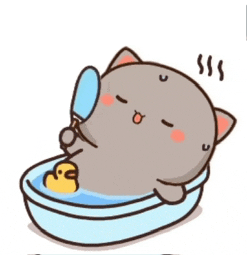 a cartoon cat is taking a bath in a bathtub with a rubber duck .