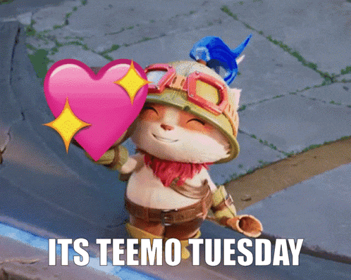 a cartoon character holding a pink heart with the words its teemo tuesday below it